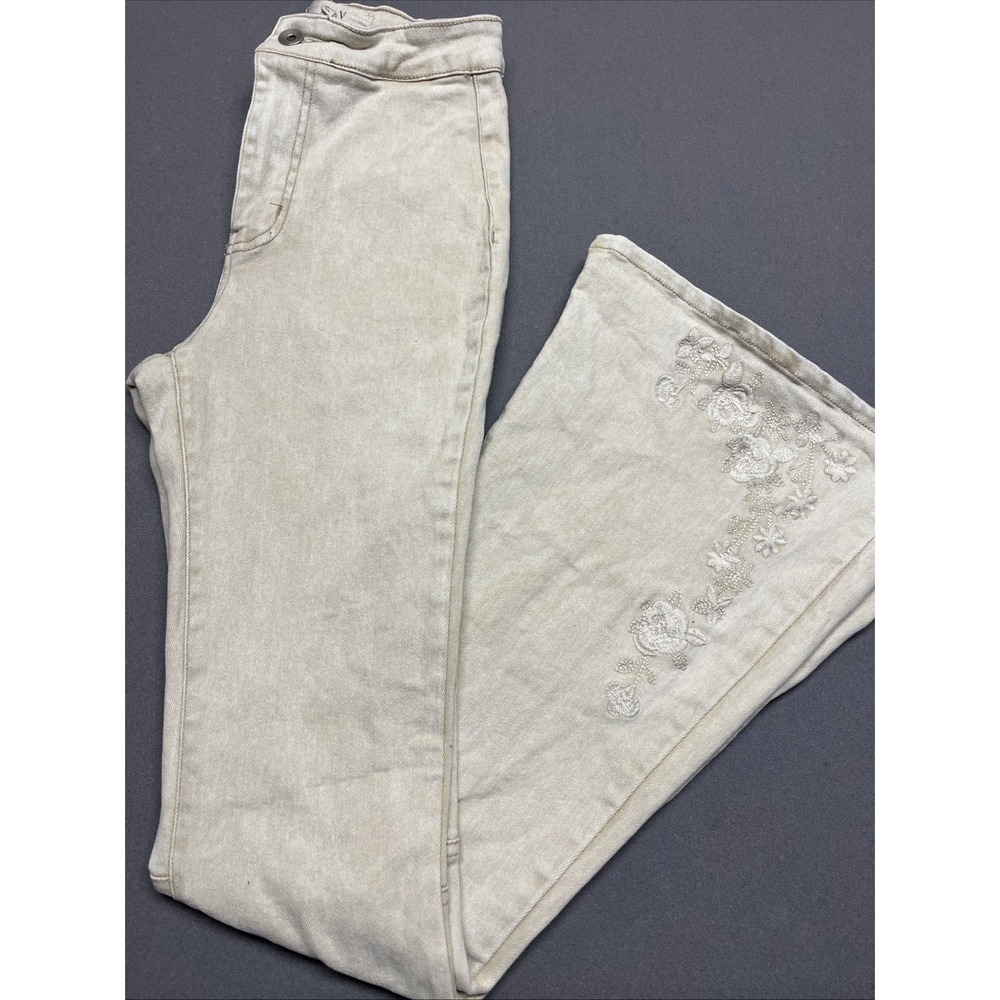 Chelsea & Violet Beige Flare Jeans Embroidered Floral Boho Stretch Denim Size 25